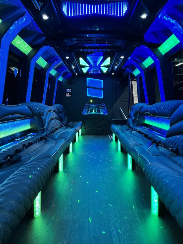 <strong>23 passenger party bus deluxe rear inside with ambient lighting DFW Executive Limos.</strong>