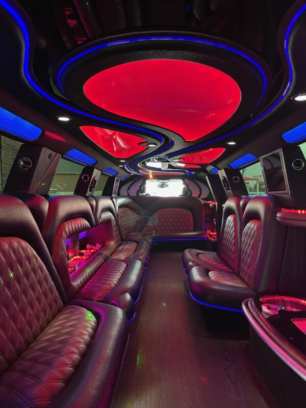 Cadillac Escalade Stretch Limo Seats 18-20 People. Inside.